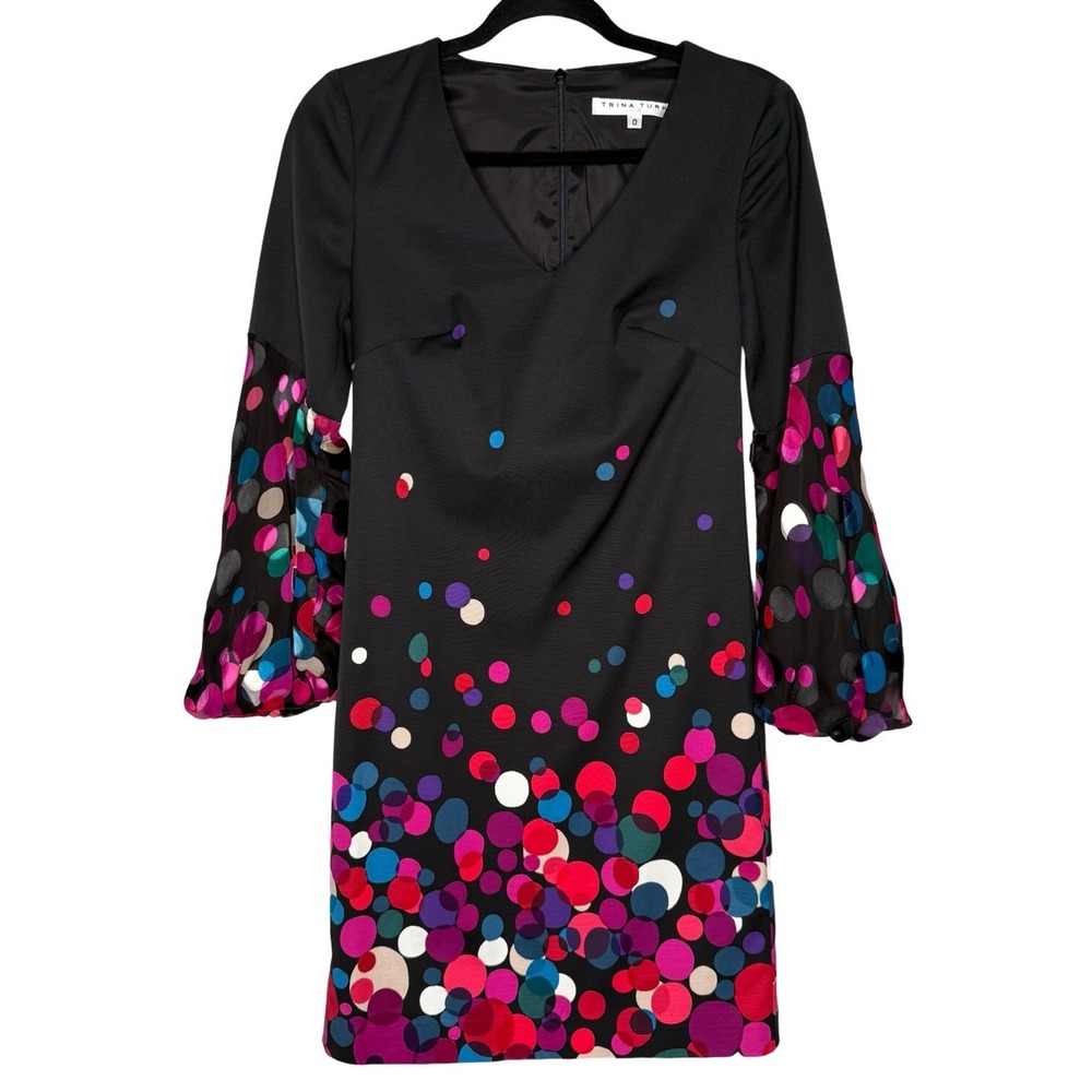 Trina Turk Dress 0 XS Silk Blend Colorful Dot Pattern Sheer Balloon Sleeve Lined